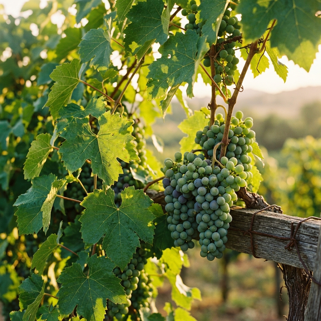 Lush green grapevine leaves in warm sunlight